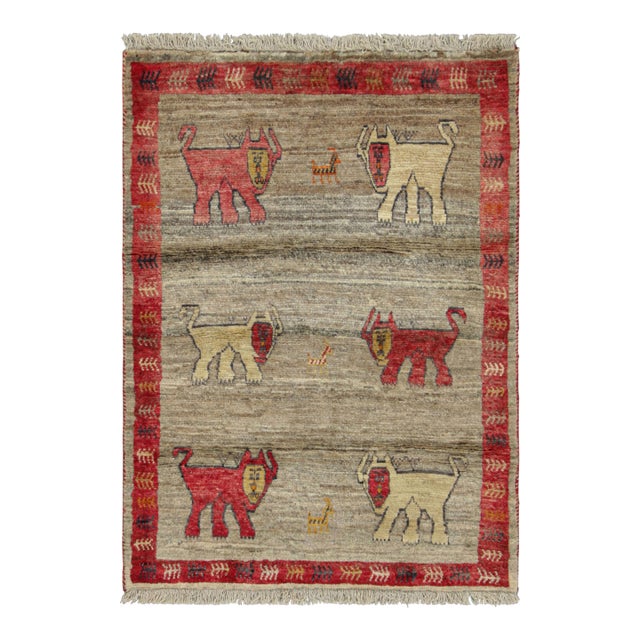 Vintage Gabbeh Persian Rug, Beige and Red Tribal Animal Pictorial - Rug & Kilim For Sale