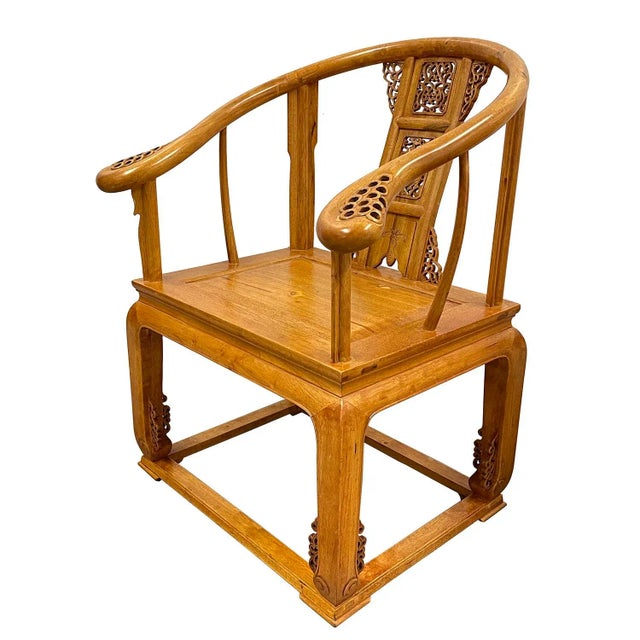 Vintage Chinese Camphor Wood Horseshoe Back Armchairs Set For Sale In Los Angeles - Image 6 of 13
