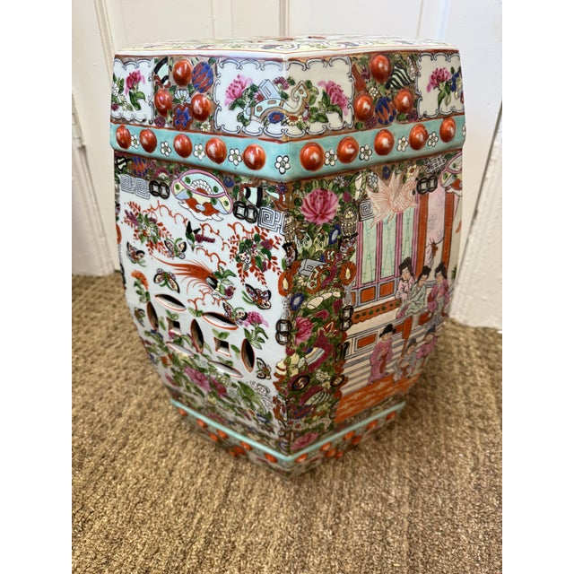 Mid 20th Century Vintage Rose Medallion Garden Seat, Hexagon Top For Sale - Image 5 of 6