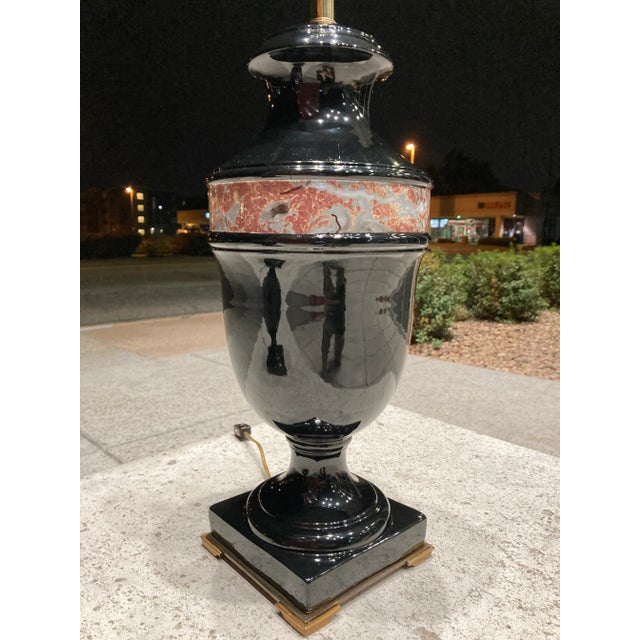 Pair of Black Glazed Porcelain & Bronze Urn Table Lamps From Marbro For Sale In Denver - Image 6 of 13
