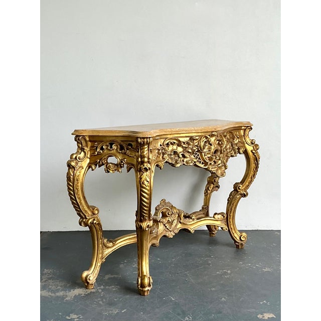 Rococo Antique Giltwood Rococo Style Console Marble Top Table For Sale - Image 3 of 18
