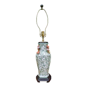 Mid-Century Asian Porcelain Famille Verte Lamp With Figural Relief Flower Vine Handles