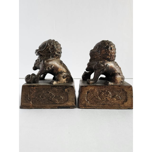 Chinese Antique Gilt Bronze Chinese Foo Dogs-A Pair For Sale - Image 3 of 12