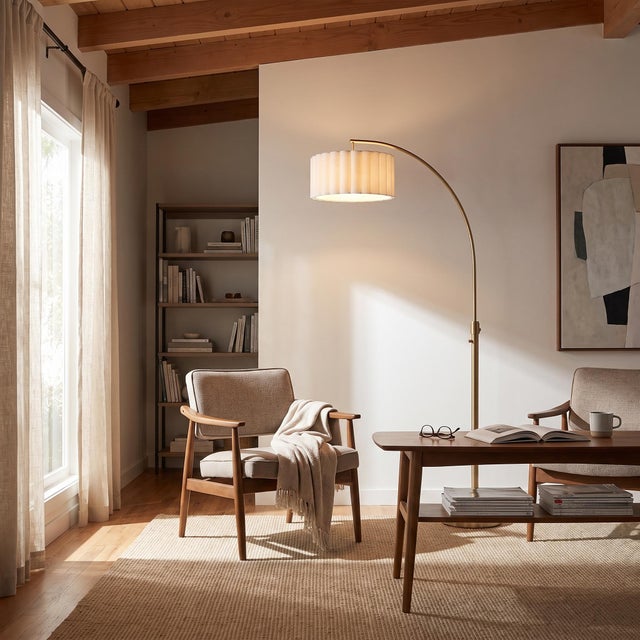 Mid-Century Modern Float Scallop Chairside Arc Lamp - Weathered Brass Steel, 16" Scalloped White Linen Drum Shade, Steel Base, Dimmable, 75" Tall 68" Reach For Sale - Image 3 of 9