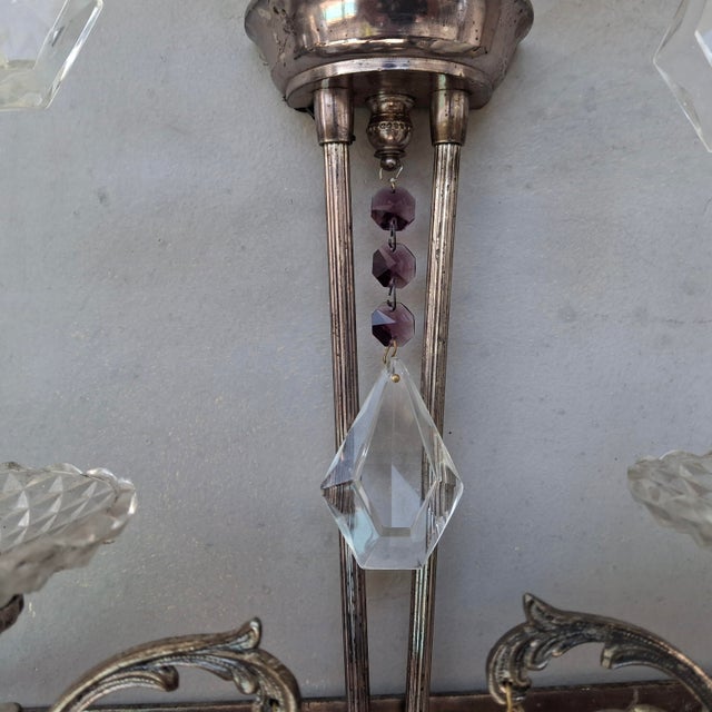 1940's Hollywood Regency Silvered Metal With Amethyst & Pink Cut Austrian Crystal Waterfall Wall Sconces a - Pair For Sale - Image 11 of 18