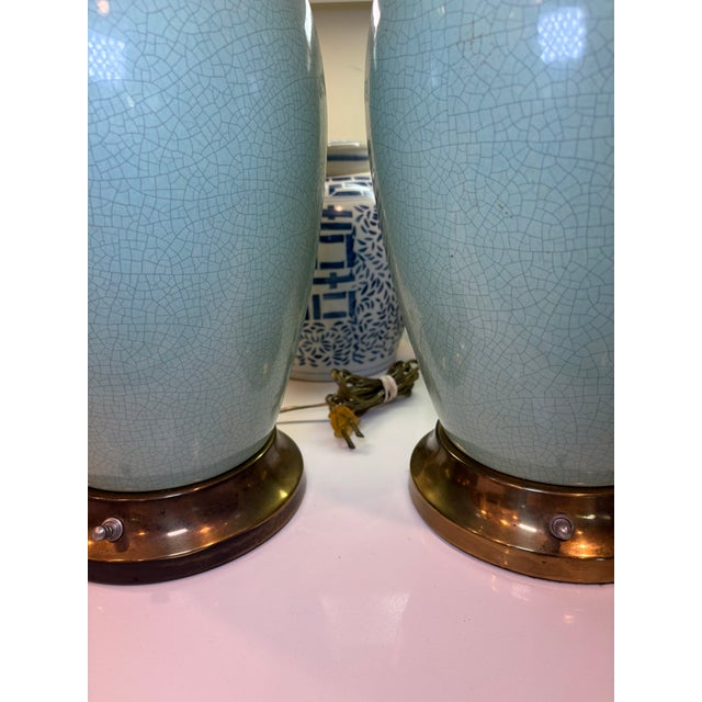 Vintage Crackle Celadon Porcelain Lamps With Brass Base & Silk Shades – A Pair For Sale - Image 10 of 16
