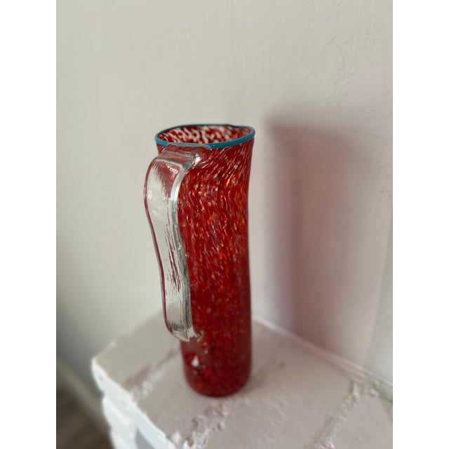 Glass Vintage Hand-Blown Red Spatter Glass Pitcher Turquoise Rim c.1960s-1980s For Sale - Image 7 of 10