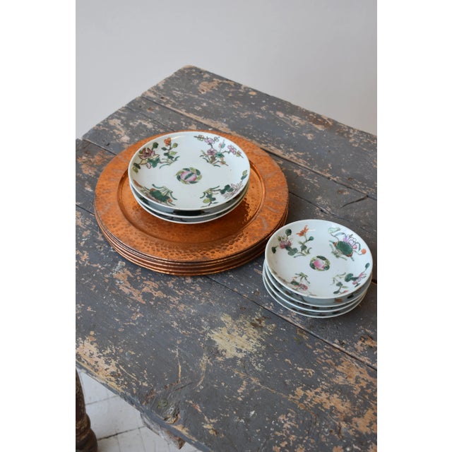 Antique Chinese Famille Rose Glazed Porcelain Dishes, Circa Early 20th Century. Each plate incorporates a central peach...