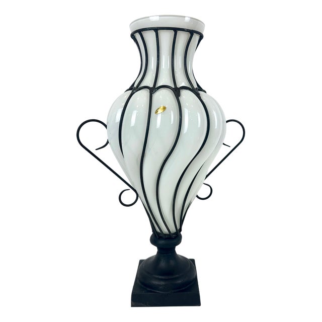 Large Caged Blown Glass Amphora Footed Vase by Leśna Huta, Poland, 1980s For Sale