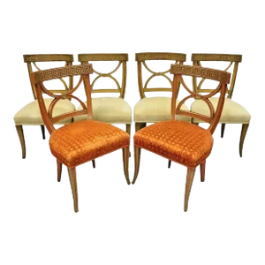 Mid 20th Century Hollywood Regency Italian Neoclassical Greek Key Painted Dining Chairs - Set of 6