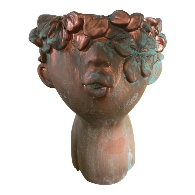 Flower Girl Kissing Bust Copper Patina Indoor Outdoor Head Planter For Sale