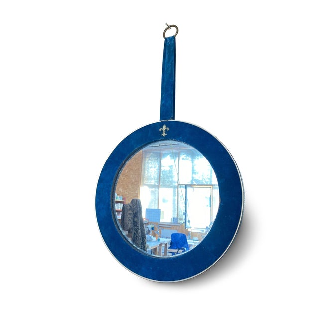 Blue Velvet and Brass Medallion Mirror, 1960s For Sale - Image 9 of 9