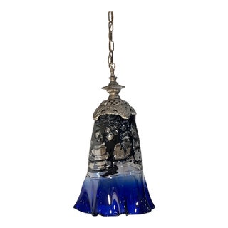 Vintage Fazzoletto Cobalt Blue Black Fenestrated Art Glass Pendant Light For Sale