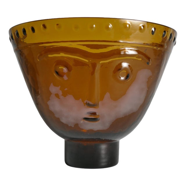 Brown Glass Bowl with Face Motif by Wiktor Berndt for Flygfors, Sweden, 1960s For Sale