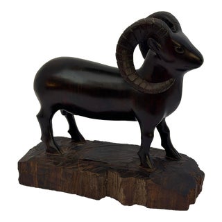 Vintage Hand Carved Solid Rosewood Big Horn Ram Sculpture For Sale