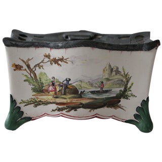 Handpainted Ceramic and Pewter Inkwell, France, 18th Century For Sale