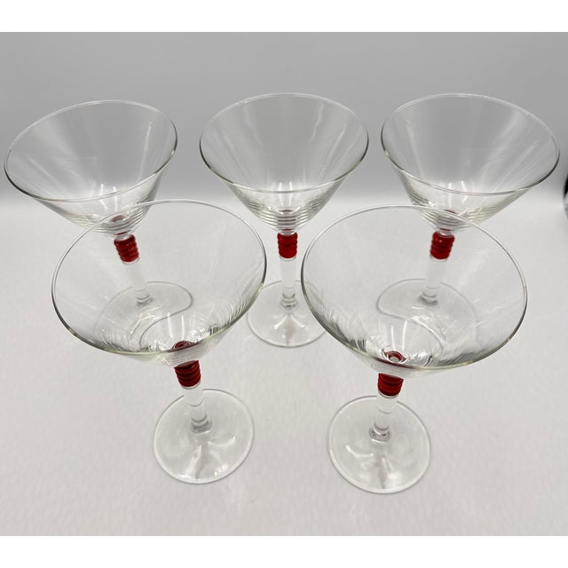 Vintage Set of 5 Cocktail Beefeater London Dry Gin Martini Glasses Etched Logo For Sale In Palm Springs - Image 6 of 9