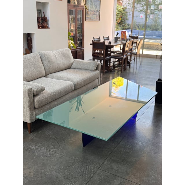 1990s 1990s Large Asymmetrical Sculptural Glass Coffee Table With Cobalt Blue Pedestal Base For Sale - Image 5 of 13