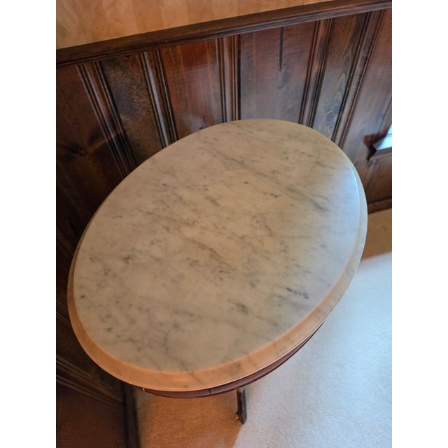 Brown Antique Victorian Renaissance Revival Walnut Oval Marble-Top Parlor Table For Sale - Image 8 of 8