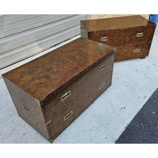 Mid-Century Modern Mid 20th Century Hollywood Regency Pair of Henredon Faux Tortoise Shell Campaign Low Chest of Drawers For Sale - Image 3 of 12
