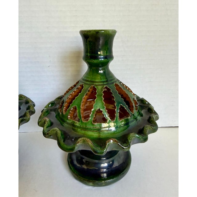 Rustic European Vintage Tito Úbeda Spanish Green Glazed Pottery Candlesticks – Pair For Sale - Image 3 of 10