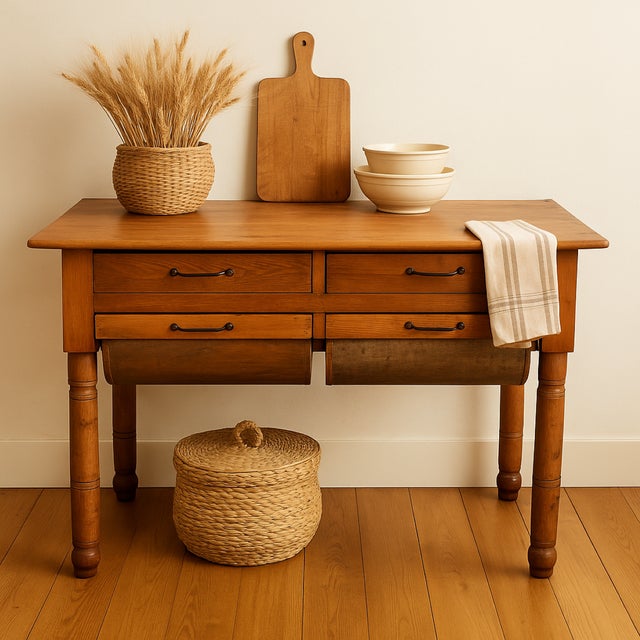 A beautifully restored early 20th-century American farmhouse baking table, featuring two signature "possum belly" tin-...