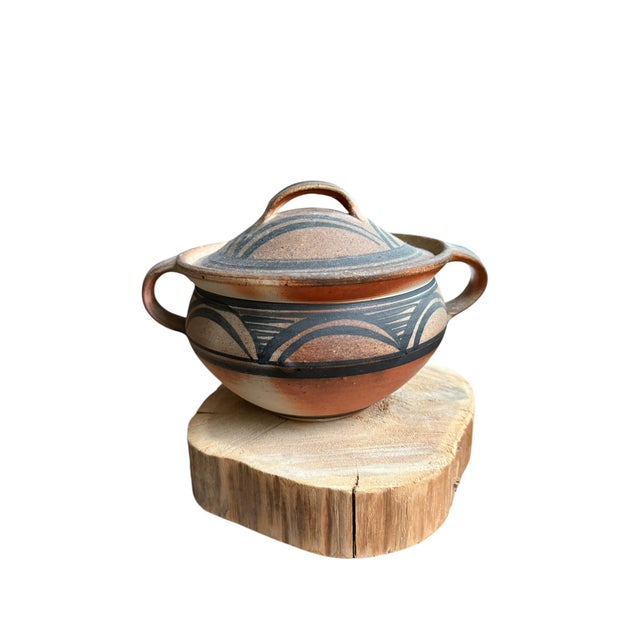 Rustic 1991 Studio Art Wood Fired Pottery Lidded Bowl For Sale - Image 3 of 9