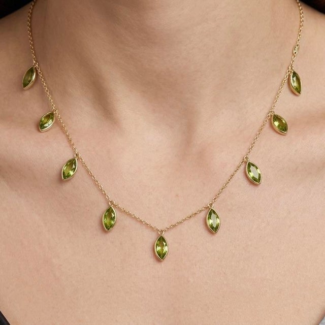 Contemporary Natural Peridot Station Necklace – Marquise Cut Gemstone Necklace For Sale - Image 3 of 5