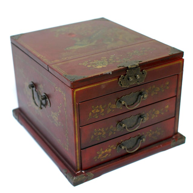 Vintage Chinese Painted Jewelry Box with Mirror | Chairish
