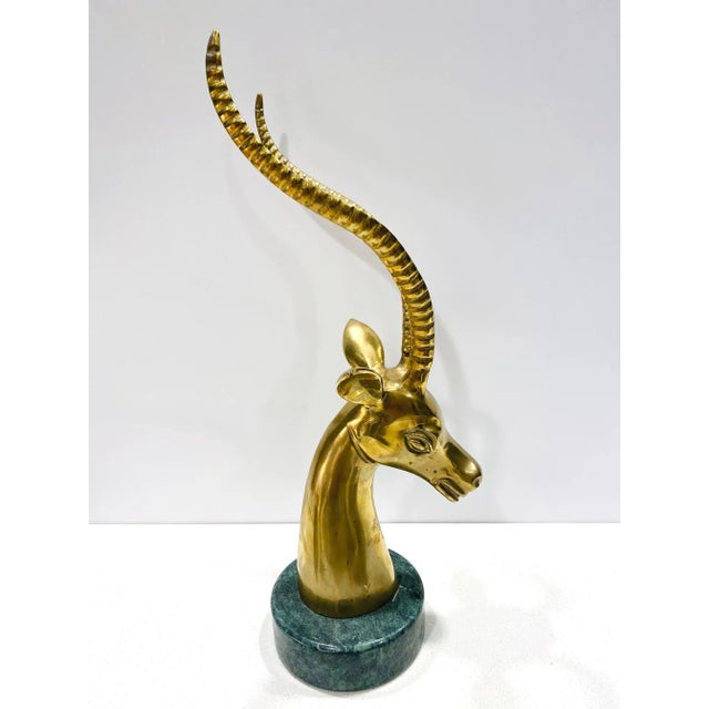 Brass Pair of Hollywood Regency Brass Antelope Sculptures With Marble Bases, 1970's For Sale - Image 8 of 13