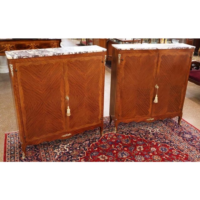 French 1920's Walnut French Louis XV Style Marble Top Bookcase China Bar Cabinets, 2 Pieces For Sale - Image 3 of 16