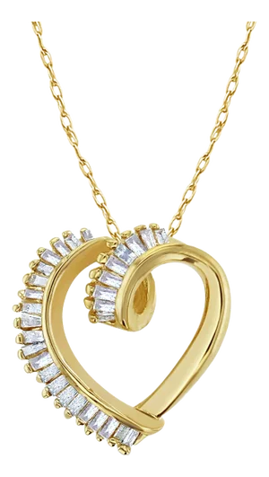 Floating Diamond Baguette Heart Shaped Necklace 14k Yellow Gold 16"