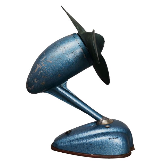 Art Deco Style Blue Metallic Iron Electric Air Fan, 1959 For Sale