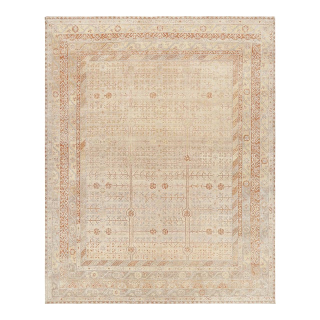 Rug & Kilim’s Modern Block Print Rug in Beige with Geometric-Floral Patterns - 5x7 For Sale