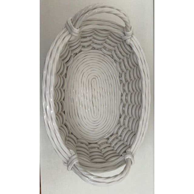 White French Shabby Chic Woven Wicker White Glazed Earthenware Basket For Sale - Image 8 of 11