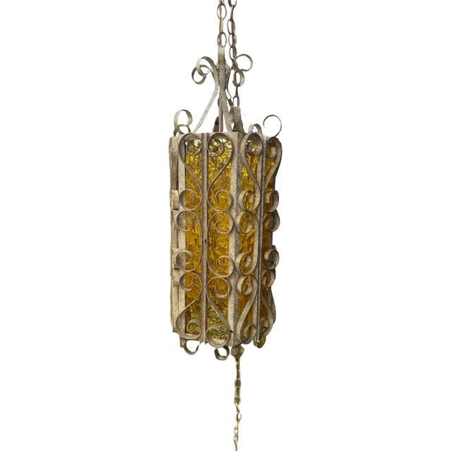 1970s Vintage Hollywood Regency Amber Glass Plug-in Swag Lantern For Sale - Image 5 of 6