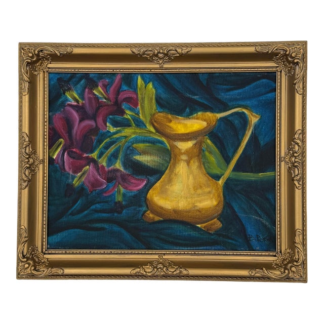Original Signed Floral Still Life Painting on Canvas Framed For Sale
