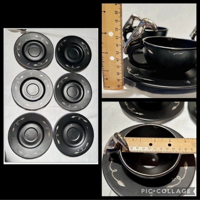 Metal Vintage 1990s Emilia Castillo Mexican Silver Ceramic Toucan Cups Saucers Sets - Set of 6 For Sale - Image 7 of 10