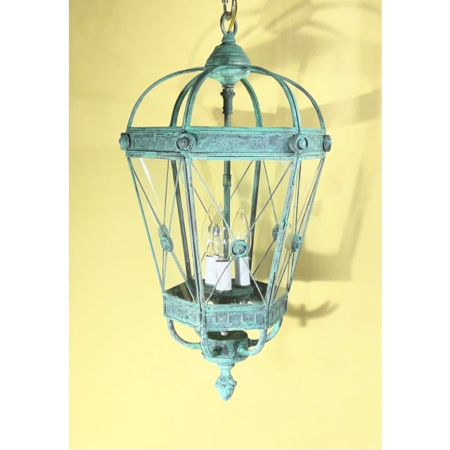 Vintage Style Solid Brass Verdigris Hanging Lantern - Restored & Rewired / 23”h For Sale - Image 15 of 18