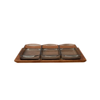 Mid-Century Danish Tray in Teak with Cabaret Glass Trays from Holmegaard, 1960s, Set of 4 For Sale
