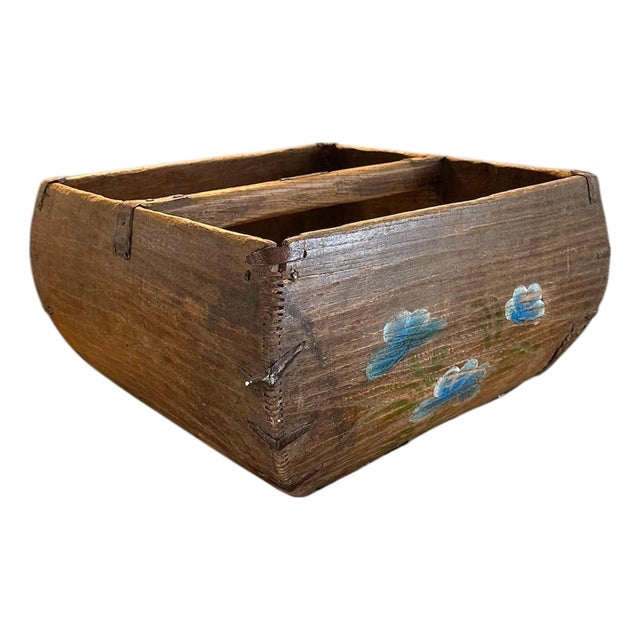 Antique 19th Century Large Chinese Primitive Hand-Hewn Wooden Rice Measure / Grain Basket / Bucket With Iron Strapping and Hand Painted Blue Florals For Sale