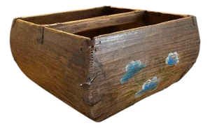 Antique 19th Century Large Chinese Primitive Hand-Hewn Wooden Rice Measure / Grain Basket / Bucket With Iron Strapping and Hand Painted Blue Florals