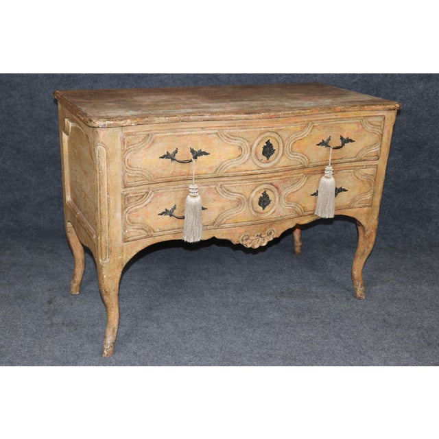 1950's Italian-Made Tasseled French Louis XV Style Distressed Painted Commode For Sale - Image 4 of 14