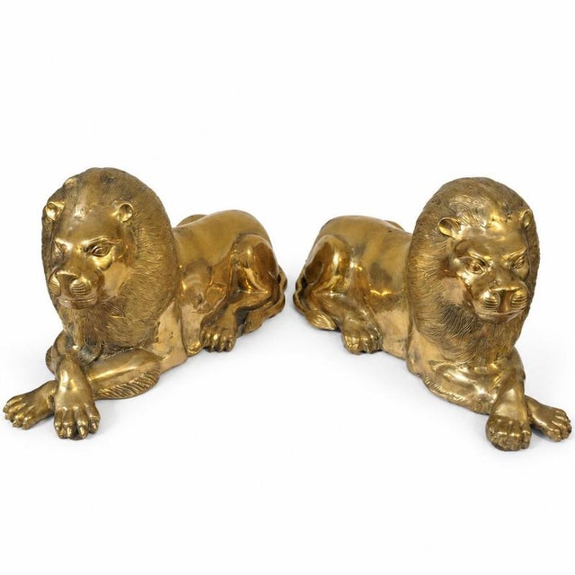 European Artist, Reclining Lions, Gilded Bronze, Set of 2 For Sale - Image 9 of 9