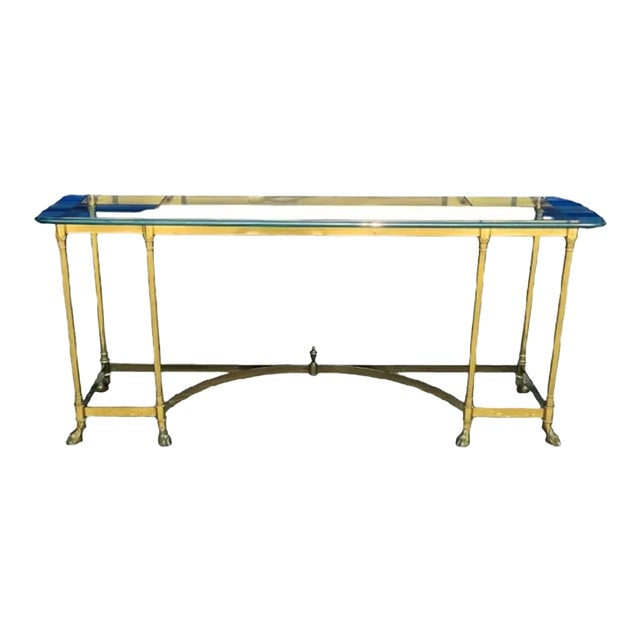 Vintage Italian Brass Hooved Feet Glass Top Mid Century Modern Traditional Console Table For Sale