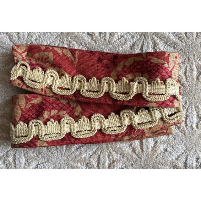 Custom Interlined Linen Damask Pinch Pleat Drapery Panels – Red & Gold, 68 X 94 Pair,Tiebacks For Sale - Image 11 of 11