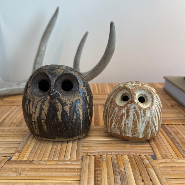 Charming pair of handmade studio pottery stoneware owls by noted artists Ruth and Stan Walters. The Walters were studio...