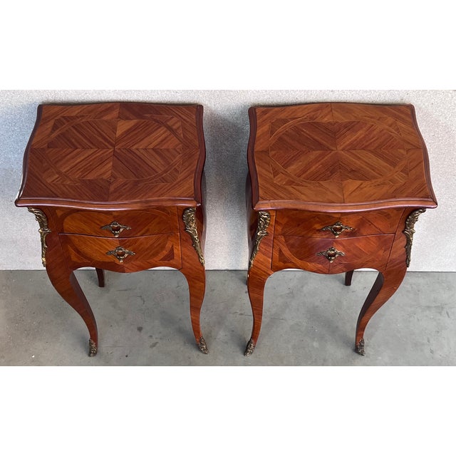 French Antique Louis XV French Marquetry With Drawers Nightstands, Set of 2 For Sale - Image 3 of 12