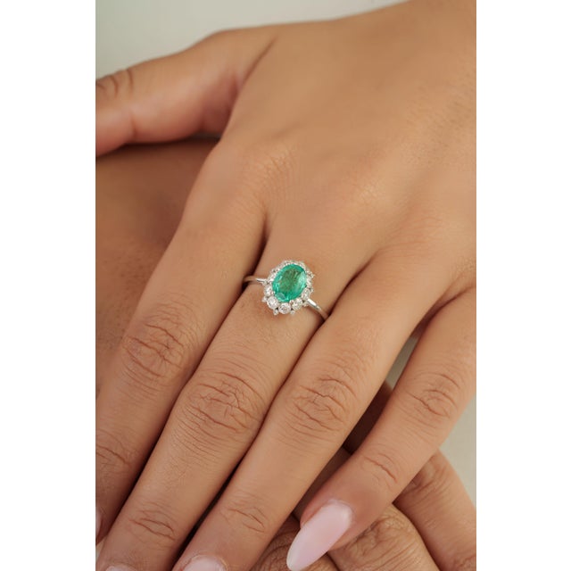 Green 14k Gold Statement Oval Emerald & Diamond Cluster Engagement Ring Size 6 For Sale - Image 8 of 15