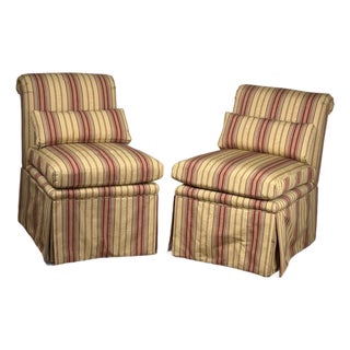 Pair of Upholstered Striped Slipper Chairs With Lumbar Pillows For Sale